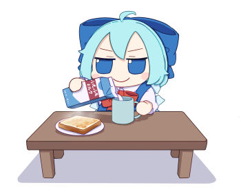 1girl ahoge blue_bow blue_eyes blue_hair blush_stickers bow bowtie bread bread_slice cirno closed_mouth collared_shirt commentary_request cup drink_carton food fumo_(doll) hair_bow highres holding holding_milk_carton ice ice_wings kame_(kamepan44231) milk_carton plate pouring red_bow red_bowtie shirt short_hair short_sleeves simple_background smile solo table toast touhou white_background white_shirt wings