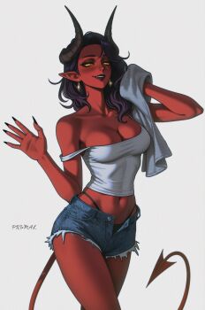 1girl artist_name black_hair black_nails black_panties blush breasts cleavage collarbone colored_skin commentary cutoffs demon_girl demon_horns demon_tail denim denim_shorts dispatch earrings english_commentary highleg highleg_panties highres holding holding_towel horns jewelry large_breasts long_hair looking_at_viewer malevola_(dispatch) midriff nail_polish navel open_fly panties parted_lips pointy_ears prixmal red_skin short_shorts shorts simple_background smile solid_eyes solo strap_slip tail tank_top thighs toned toned_female towel underwear waving white_background white_tank_top yellow_eyes