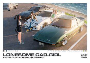 3girls animal_ears beach black_hair black_jacket black_shorts blue_eyes blue_pants border brown_hair brown_jacket car character_name closed_mouth denim english_text evening green_shirt highres horse_ears horse_girl horse_tail jacket jeans katsuragi_ace_(umamusume) kei_truck mazda mazda_rx-7 motor_vehicle mr._c.b._(umamusume) multicolored_hair multicolored_jacket multiple_girls nike_(company) nissan nissan_300zx nissan_fairlady_z ocean on_car outdoors pants parking_lot pickup_truck ponytail purple_eyes run_rotary sand shadow shirt shoes shorts sitting standing suit_jacket symboli_rudolf_(umamusume) tail toyota toyota_celica track_jacket truck two-tone_jacket umamusume v-neck vehicle_focus vehicle_name white_border white_hair white_jacket white_shirt white_shoes white_shorts yellow_shoes