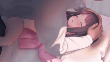 1boy 1girl 3d age_difference animated animated_gif arms_up black_pants blush bottomless brown_hair closed_eyes clothed_sex custom_udon deep_penetration dot_nose flat_chest grabbing_another&#039;s_head hands_on_another&#039;s_head hetero kneeling loli long_sleeves looping_animation lying medium_hair missionary navel no_bra no_panties on_back on_bed open_clothes open_mouth original pants pijama pillow pink_shirt rape sex shirt size_difference sleep_molestation sleeping spread_legs top-down_bottom-up unbuttoned unbuttoned_shirt vaginal white_shirt