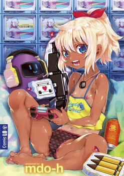 1girl absurdres barefoot black_panties blonde_hair blue_eyes bow camisole can clothes_writing controller dark-skinned_female dark_skin dog_tags fang female_focus flat_chest full_body game_controller hair_bow headset heart heart_print high_ponytail highres holding holding_controller loli looking_at_viewer medium_hair monitor mudou_eichi nail_polish navel nipple_slip nipples no_pants non-web_source open_mouth original panties pillow pink_nails pink_panties ponytail print_panties red_bow robot sidelocks sitting smile solo tan tanline teeth toenail_polish toenails two-tone_panties underwear