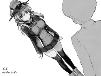 1boy 1girl admiral_(kancolle) anchor_hair_ornament aqua_eyes breasts cross dutch_angle eckert&amp;eich greyscale hair_ornament hat highres iron_cross kantai_collection low_twintails medium_breasts microskirt military_hat military_uniform monochrome over-kneehighs peaked_cap prinz_eugen_(kancolle) simple_background skirt solo_focus spot_color thighhighs twintails white_background