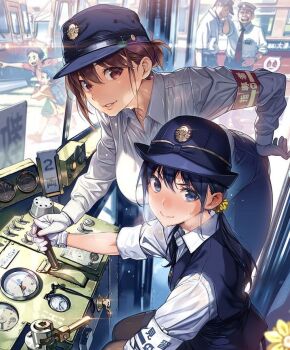 2girls blush brown_hair gloves hair_ornament hat lever locomotive long_sleeves looking_at_viewer multiple_girls original shirt short_hair sitting skirt sleeves_rolled_up train train_interior vania600