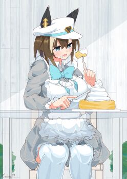 1girl absurdres alternate_costume animal_ears apron blue_bow blue_eyes blush bow breasts brown_hair cake chair cheval_grand_(umamusume) dress eating food fork grey_dress hair_between_eyes hat highres hinokey_(hinokey0126) holding holding_food holding_fork holding_knife horse_ears horse_girl knife large_breasts long_hair maid maid_apron multicolored_hair on_chair open_mouth peaked_cap sitting solo streaked_hair thighhighs umamusume whipped_cream white_apron white_hair white_hat white_thighhighs