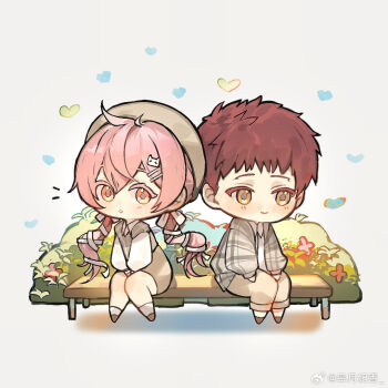 1girl :3 artist_self-insert blush bow breasts chibi couple dress emiya_shirou fate/stay_night fate_(series) full_body gaoyue_jixiang hair_ornament long_hair long_sleeves momomiya_shizuku_(gaoyue_jixiang) multiple_girls non-web_source oc_x_canon open_mouth original simple_background skirt smile white_background