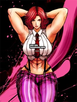 1girl breasts female_focus formal_clothes huge_breasts large_breasts looking_at_viewer muscular muscular_female pants red_eyes red_hair shirt smile standing tana_taka_3rder the_king_of_fighters thick_thighs thighs vanessa_(kof) white_shirt
