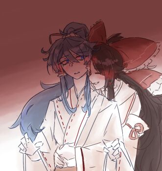 2girls blue_eyes blue_hair blush bow brown_hair chiyo_(chiyo_okyk) detached_sleeves gensokyo's_first_hakurei_miko hair_bow hair_tubes hug hug_from_behind japanese_clothes kosode long_hair miko miyadeguchi_mizuchi miyadeguchi_mizuchi_(human) multiple_girls ponytail red_bow ribbon_trim sidelocks simple_background smile spoilers touhou upper_body white_background yuri