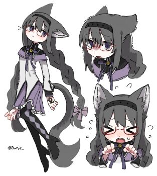Rule 34 | > <, 1girl, akemi homura, akemi homura (magical girl), animal ears, argyle clothes, argyle pantyhose, artist name, black hair, black hairband, braid, buivi, cat ears, cat girl, cat tail, closed eyes, commentary, fangs, frilled skirt, frills, full body, glasses, hairband, highres, long hair, looking to the side, magical girl, mahou shoujo madoka magica, mahou shoujo madoka magica (anime), multiple views, purple eyes, purple skirt, red-framed eyewear, simple background, skirt, soul gem, symbol-only commentary, tail, twin braids, upper body, white background