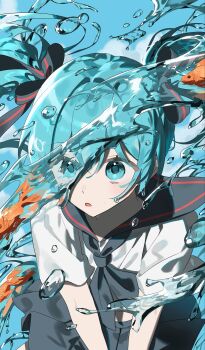 1girl aqua_eyes aqua_hair black_bow black_neckerchief black_sailor_collar black_skirt bottle_miku bow bubble commentary fish goldfish hair_bow hair_ribbon hashtag-only_commentary hatsune_miku highres jjeogi38 liquid_hair long_hair looking_at_viewer neckerchief open_mouth ribbon sailor_collar school_uniform serafuku shirt short_sleeves skirt solo symbol-only_commentary twintails v_arms vocaloid water white_serafuku white_shirt