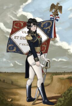 1girl absurdres aiguillette aquila_(symbol) banner bird black_boots black_jacket blue_eyes blue_jacket blue_sky boots breeches chain closed_mouth cloud cloudy_sky curly_hair eagle embroidery epaulettes expressionless field finial first_french_empire flag french_army french_flag french_text full_body genderswap genderswap_(mtf) gloves gold_chain gold_embroidery gold_trim golden_sash hand_on_hilt high_collar highres holding holding_gloves holding_sword holding_unworn_clothes holding_weapon jacket joachim_murat katyusha_(98269886) knee_boots korean_commentary landscape laurel_crown long_hair looking_at_viewer looking_to_the_side medal military military_jacket military_uniform napoleonic_wars original outdoors painting_(action) pants pants_tucked_in planted planted_sword planted_weapon riding_outfit saber_(weapon) sash scabbard scenery sheath sheathed sidelocks single_glove sky solo spurs standard_bearer standing sword sword_knot tassel unworn_gloves waist_sash weapon white_gloves white_pants