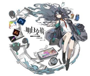 1girl adobe_illustrator adobe_photoshop arknights artist_name baiyuyi bare_shoulders between_breasts black_hair breasts chinese_commentary commentary_request dragon_bubble_(arknights) dragon_girl dragon_horns dragon_tail dusk_(arknights) hair_over_one_eye highres horns logo long_hair mihuashi_logo necktie necktie_between_breasts orange_eyes pointy_ears procreate_(software) red_necktie solo tail white_background