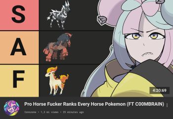 1girl bestiality blue_hair bow-shaped_hair closed_mouth commentary english_commentary english_text fake_screenshot gen_1_pokemon gen_5_pokemon gen_7_pokemon hair_ornament highres implied_bestiality iono_(pokemon) jacket long_hair mudsdale multicolored_hair nintendo pink_hair pokemon pokemon_scarlet_and_violet pokephilia ponyta qum_(c00mbrain) sharp_teeth teeth thinking tier_list two-tone_hair yellow_eyes yellow_jacket zebstrika
