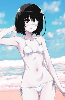 1girl another beach bikini black_hair breasts eyepatch female_focus kiniro_tofu misaki_mei navel ocean red_eyes short_hair side-tie_bikini_bottom small_breasts solo swimsuit white_bikini