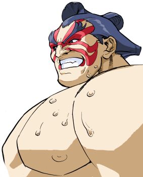 Rule 34 | 1boy, bengus, chonmage, clenched teeth, e. honda, facepaint, game cg, highres, loincloth, male focus, muscular, muscular male, non-web source, official art, open mouth, sideways glance, solo, street fighter, street fighter zero (series), sumo, sweat, sweatdrop, teeth, topknot, v-shaped eyebrows, white background