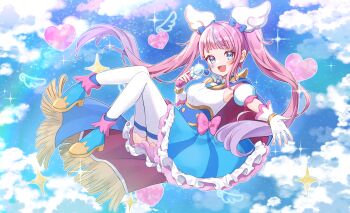Rule 34 | above clouds, absurdres, amane namida, ankle boots, blue boots, blue cape, blue dress, blue eyes, blue hair, boots, bow, brooch, cape, cloud, commentary, cosplay, cure sky, cure sky (cosplay), cut bangs, detached sleeves, dress, dress bow, earclip, earrings, facial mark, fingerless gloves, floating, frilled dress, frills, fringe trim, gloves, gradient hair, hair ornament, heart, highres, hiiragi syuu, hirogaru sky! precure, holding, indie virtual youtuber, jewelry, long hair, looking at viewer, multicolored hair, open mouth, pink bow, pink hair, precure, puffy detached sleeves, puffy sleeves, reaching, reaching towards viewer, red cape, short dress, single earring, single sidelock, sky mirage, sleeveless, sleeveless dress, smile, sora harewataru, sparkle, streaked hair, teardrop facial mark, thighhighs, twintails, two-sided cape, two-sided fabric, two-tone dress, two-tone hair, very long hair, virtual youtuber, white dress, white gloves, white thighhighs, wing brooch, wing hair ornament
