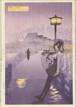 1girl 1other against_railing artist_name bakemonogatari black_dress black_pantyhose black_shoes border breasts dress enzo_japhet full_body hashtag-only_commentary highres lamppost long_sleeves looking_at_viewer medium_breasts monogatari_(series) night official_alternate_costume official_alternate_hairstyle outdoors pantyhose purple_background purple_hair railing rain senjougahara_hitagi shoes signature solo_focus traditional_media twitter_username umbrella white_border