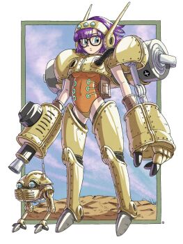 1girl alternate_costume blue_eyes chrono_trigger closed_mouth full_body glasses highres leotard looking_at_viewer lucca_ashtear purple_hair robo_(chrono_trigger) robot short_hair solo weapon yuto_sakurai