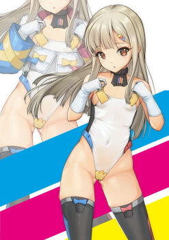 1girl absurdres alice_gear_aegis black_thighhighs breasts brown_eyes commentary_request contrapposto grey_hair highleg highleg_leotard highres leotard looking_at_viewer rakuhana_meru small_breasts solo thighhighs white_leotard yashin_(yasinz) zoom_layer