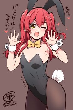 1girl ;d animal_ears black_leotard bocchi_the_rock! bow bowtie breasts brown_background brown_pantyhose cleavage commentary_request detached_collar fake_animal_ears highres kita_ikuyo leotard long_hair looking_at_viewer one_eye_closed open_mouth pantyhose playboy_bunny rabbit_ears red_hair serebi_ryousangata simple_background small_breasts smile solo yellow_bow yellow_bowtie