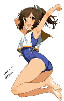 1girl :d absurdres arm_up ass barefoot bigkwl blue_one-piece_swimsuit blush breasts brown_eyes brown_hair commentary dated dated_commentary feet full_body highres i-401_(kancolle) kantai_collection looking_at_viewer one-piece_swimsuit open_mouth orange_sailor_collar ponytail sailor_collar school_swimsuit shirt short_hair short_ponytail side-tie_shirt simple_background sleeveless sleeveless_shirt small_breasts smile soles solo swimsuit tan tanline toes twitter_username white_background white_shirt