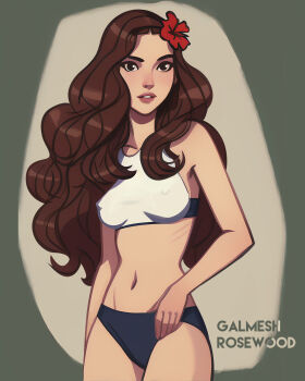 1girl artist_name black_eyes breasts brown_hair commentary covered_erect_nipples cowboy_shot english_commentary flower galmesh_rosewood hair_flower hair_ornament highres long_hair medium_breasts navel original parted_lips red_flower ribs simple_background solo sports_bikini