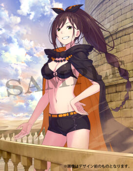 bikini bikini_top_only black_bikini black_cape brown_hair cape commentary_request front-tie_bikini_top front-tie_top green_eyes hair_ribbon official_art ootsuka_shin'ichirou ponytail re:zero_kara_hajimeru_isekai_seikatsu ribbon sample_watermark shaula_(re:zero) shorts smile standing swimsuit watermark