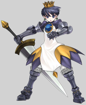1girl armor armored_dress atlus bloomers blue_eyes boots brooch crown dress earrings etrian_odyssey female_focus full_body gauntlets gold_crown gradriel gradriel_de_valendia greaves grey_background highres holding holding_sword holding_weapon jewelry knee_boots legs_apart masn_(moxi) princess_crown purple_hair simple_background solo standing sword underwear weapon