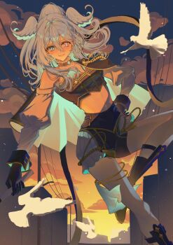 Rule 34 | 1girl, :d, aqua eyes, bird, blue hair, blush, breasts, capelet, commentary, detached sleeves, dove, elira pendora, fangs, hand on own hip, head wings, heterochromia, high ponytail, highres, lemonlam666, linea alba, long hair, looking at viewer, medium breasts, midriff, navel, nijisanji, nijisanji en, nijisanji idol uniform, open mouth, ponytail, purple eyes, single bare shoulder, smile, solo, sunset, symbol-only commentary, virtual youtuber, wings