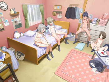 4girls absurdres ankle_socks bag bar_censor bed bed_sheet bedroom black_jacket black_skirt blue_hair blue_jacket blue_socks blush bow bow_bra bra bra_lift breasts brown_eyes brown_hair brown_hat bulletin_board censored chest_of_drawers clock closed_mouth clothes_lift collarbone collared_shirt curtains day dildo dot_nose female_masturbation fingering folded_clothes functionally_nude green_bra green_panties grey_eyes group_masturbation hair_between_eyes hangar hat heavy_breathing highres jacket legs_together lemontyoisy_r18 loli long_hair long_sleeves looking_to_the_side masturbation medium_breasts multiple_girls mutual_masturbation navel neck_ribbon nipples nose_blush nude open_mouth original panties pillow pink_bra pink_panties plaid_clothes plaid_panties pleated_skirt ponytail poster_(object) pubic_hair pussy_juice pussy_juice_drip pussy_juice_stain pussy_juice_trail red_ribbon ribbon school_bag sex_toy shirt short_hair sidelocks sitting skirt small_breasts socks spread_legs standing stuffed_animal stuffed_dog stuffed_penguin stuffed_rabbit stuffed_toy sweat swept_bangs table teddy_bear trembling underwear unworn_bra unworn_panties unworn_shirt unworn_skirt wavy_hair wet wet_clothes wet_panties white_bra white_hair white_panties white_shirt window yuri