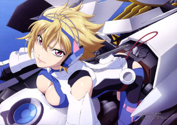 >:( 10s 1girl absurdres all_fours angelise_ikaruga_misurugi armor ass bare_shoulders bent_over blonde_hair bodysuit breast_rest breasts cable cleavage cleavage_cutout clothing_cutout cockpit copyright_name cross_ange eyelashes female_focus flipped_hair from_above frown full_body glaring hair_between_eyes headgear headphones highres large_breasts leaning_forward lips lipstick looking_at_viewer looking_up makeup mecha official_art pink_eyes plug robot scan serious short_hair solo toida_shuri turtleneck v-shaped_eyebrows water
