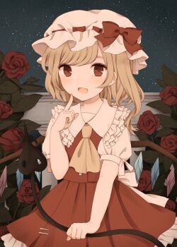 1girl absurdres ascot blonde_hair bow cowboy_shot crystal embodiment_of_scarlet_devil flandre_scarlet flower frilled_shirt_collar frills hat hat_bow hat_ribbon highres ichigo_(ichigoxxusagi) laevatein_(touhou) looking_at_viewer mob_cap night open_mouth outdoors pointing pointing_at_self puffy_short_sleeves puffy_sleeves red_eyes red_flower red_rose red_vest ribbon rose shirt short_sleeves side_ponytail skirt sky smile solo star_(sky) starry_sky touhou vest wings yellow_ascot