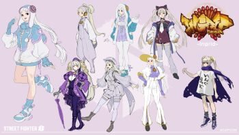 1girl alternate_costume animal_ear_headphones animal_ears animal_hood blonde_hair blue_gloves blue_scarf blue_socks blue_thighhighs bonnet boots braid breasts capelet cat_ear_headphones cat_ears character_name closed_umbrella commentary concept_art dress english_commentary fake_animal_ears fashion fingerless_gloves full_body gloves grey_gloves grey_hair grey_pants grey_pantyhose hair_ornament hair_rings hand_on_own_hip hat headphones highres holding holding_umbrella hood ingrid_(capcom) jacket long_hair long_sleeves looking_at_viewer multiple_girls multiple_views necktie ochi_takeshi official_art open_clothes open_jacket open_mouth overall_shorts overalls pants pantyhose parasol pink_background ponytail puffy_long_sleeves puffy_sleeves purple_background purple_capelet purple_dress purple_gloves purple_jacket purple_necktie purple_scarf purple_shirt purple_thighhighs red_eyes reference_sheet scarf shirt shoes short_sleeves shorts side_ponytail simple_background sleeves_past_wrists smile sneakers socks standing street_fighter street_fighter_6 t-shirt thighhighs twintails umbrella variations very_long_hair white_gloves white_hair white_jacket white_necktie white_pants white_shirt zipper zipper_pull_tab