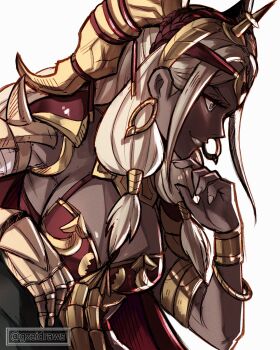 1girl armor blonde_hair bracelet breasts cleavage dark-skinned_female dark_skin earrings fire_emblem fire_emblem:_fortune&#039;s_weave gold_bracelet gold_earrings gzei highres hoop_earrings jewelry nintendo solo theodora_(fire_emblem)