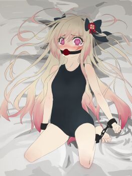 1girl barefoot blush chained_wrists chaos_marie_(grimms_notes) full_body gagged grimms_notes highres lying old_school_swimsuit on_back school_swimsuit solo subiki5129 swimsuit