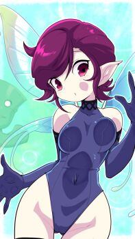 1girl against_glass blue_gloves blue_leotard breast_press breasts brown_eyes brown_hair commentary_request covered_navel elbow_gloves fairy_wings gloves gluteal_fold groin highleg highleg_leotard insect_wings leotard looking_at_viewer megami_tensei narrow_waist nollety pear-shaped_figure pixie_(megami_tensei) pointy_ears short_hair solo thighhighs thighs wide_hips wings