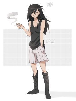 1girl absurdres alternate_hair_length_(longer) alternate_skin_color antenna_hair arm_at_side artist_name bags_under_eyes bare_arms bare_shoulders black_eyes black_hair black_socks black_tank_top breasts bright_pupils cigarette cleavage closed_mouth collarbone commentary commission double-parted_bangs english_commentary eyes_visible_through_hair frown full_body genderswap genderswap_(mtf) grey_background grey_pupils grid_background hair_behind_ear hair_between_eyes hair_over_one_eye hand_in_pocket hand_up highres holding holding_cigarette kneehighs legs_apart letterboxed long_hair long_hair_between_eyes looking_back looking_to_the_side loose_socks no_sclera no_shoes omori omoriboy pinstripe_shorts shadow shorts shrimperini simple_background small_breasts smoke socks solo sparse_leg_hair squiggle standing tank_top turning_head v-shaped_eyebrows watermark white_shorts