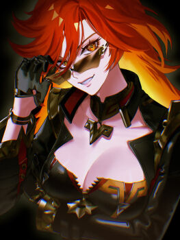1girl adjusting_eyewear arm_across_waist biker_clothes bikesuit black_background black_gloves blonde_hair bodysuit breasts brown-tinted_eyewear cleavage commentary eyelashes film_grain g-class_citizen genshin_impact gloves hair_between_eyes highres jewelry long_hair looking_at_viewer mavuika_(genshin_impact) medium_breasts multicolored_hair orange_eyes orange_hair orange_pupils parted_lips red_hair smile solo sparkle sunglasses symbol_in_eye teeth tinted_eyewear two-tone_hair upper_body very_long_hair