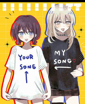 Rule 34 | 2girls, black choker, black shirt, blue eyes, blush, brown hair, choker, clothes writing, commentary, girls band cry, grey hair, hamchan69, highres, iseri nina, kawaragi momoka, long hair, low twintails, multicolored hair, multiple girls, roots (hair), shirt, short hair, short sleeves, short twintails, tongue, tongue out, twintails, white shirt, yuri