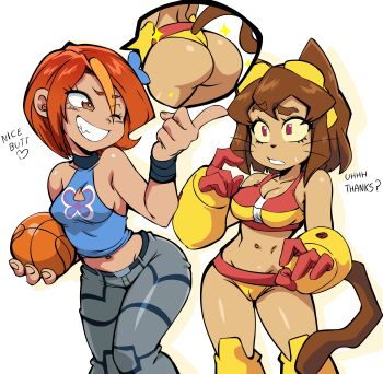 2girls alternate_costume animal_ears ass ass_focus bikini brown_hair butterfly_(planetronika) cat_ears cat_girl cat_tail commentary crossover curvy dark-skinned_female dark_skin english_commentary english_text fewer_digits furry furry_female gameoverse gauntlets goggles goggles_on_head highres huge_ass kit_bodega lewdamone looking_at_another multicolored_bikini multiple_girls official_alternate_costume planetronika red_bikini red_eyes shiny_skin short_hair simple_background swimsuit tail tan thong thong_bikini two-tone_bikini whiskers white_background wide_hips yellow_bikini yellow_gauntlets