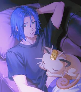 1boy arm_behind_head black_shirt blue_hair cat_on_chest couch fang fang_out gen_1_pokemon green_eyes hair_between_eyes james_(pokemon) male_focus meowth midriff_peek nintendo parted_bangs parted_lips pillow pokemon pokemon_(creature) ruru_(gi_xxy) shirt short_hair short_sleeves sleeping t-shirt upper_body