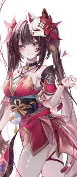 1girl absurdres blush breasts cleavage closed_mouth collarbone commentary detached_sleeves fingernails fox_mask hair_between_eyes hair_ornament highres honkai:_star_rail honkai_(series) japanese_clothes kimono long_hair looking_at_viewer mask mask_on_head medium_breasts mole mole_under_each_eye mole_under_eye multiple_moles nail_polish o-ring o-ring_thigh_strap pink_eyes pink_nails red_kimono red_ribbon ribbon sakusaku_(616saku) simple_background sleeveless sleeveless_kimono smile solo sparkle_(honkai:_star_rail) thigh_strap twintails untranslatable_commentary very_long_hair white_background