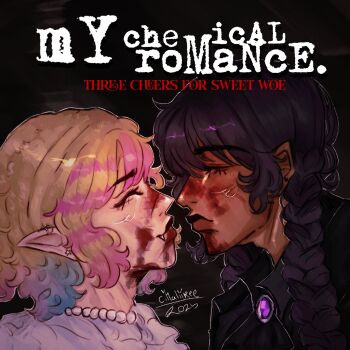 2025 2girls artist_name bead_necklace beads black_hair blonde_hair blood blood_on_face braid closed_eyes commentary dark-skinned_female dark_skin earrings english_commentary english_text enid_sinclair facing_another fang from_side gem highres imminent_kiss jewelry long_hair multicolored_hair multiple_girls my_chemical_romance necklace pink_hair pointy_ears poppysinclair twin_braids twintails two-tone_hair wednesday_addams yuri