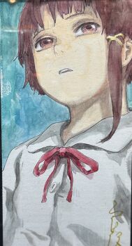 Rule 34 | 1girl, abe yoshitoshi, brown eyes, brown hair, collared shirt, commentary request, highres, iwakura lain, looking up, neck ribbon, painting (medium), parted lips, ribbon, serial experiments lain, shirt, short hair, solo, traditional media, upper body, watercolor (medium)