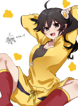 Rule 34 | 1girl, :3, :d, absurdres, ahoge, araragi karen, arms behind head, black eyes, black hair, black shirt, black trim, blush, breasts, chibi, chibi inset, cleavage, collarbone, commentary, drawstring, egg hair ornament, fang, food-themed hair ornament, fried egg, hair between eyes, hair flaps, hair ornament, highres, jacket, light blush, long hair, long sleeves, looking at viewer, medium breasts, monogatari (series), nisemonogatari, on ground, open mouth, partially unzipped, red socks, shirt, shorts, side ponytail, single vertical stripe, sitting, skin fang, smile, socks, solo, spread legs, track jacket, translated, tsugumi (tgm 615486), two-tone background, undershirt, untranslatable commentary, v-shaped eyebrows, wavy hair, white background, yellow background, yellow jacket, yellow shorts, yellow trim, zipper pull tab