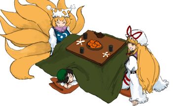 Rule 34 | 3girls, animal ears, animal hat, blonde hair, blue tabard, cat ears, chen, closed eyes, closed mouth, commentary request, cup, dress, food, fox tail, fruit, green hat, grin, haruaki (onkai planaria), hat, hat ribbon, kitsune, kotatsu, kyuubi, long hair, mandarin orange, mob cap, multiple girls, multiple tails, purple tabard, red ribbon, ribbon, simple background, sitting, sleeping, smile, tabard, table, tail, teapot, touhou, under kotatsu, under table, very long hair, white background, white dress, white hat, yakumo ran, yakumo yukari, yellow eyes, yunomi