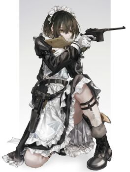 1girl :| absurdres apron black_boots black_dress black_hair boots border closed_mouth dress expressionless gloves green_eyes grey_background gun handgun highres holding holding_gun holding_weapon holster maid maid_apron maid_headdress mauser_c96 original safutsuguon solo thighs weapon white_apron white_border white_gloves white_headdress