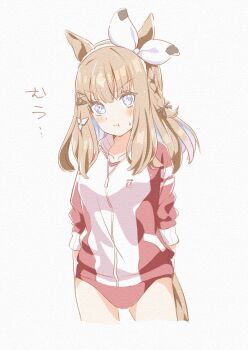 +_+ 1girl almond_eye_(umamusume) animal_ears blue_eyes blush bow_hairband braid braided_sidelocks breasts brown_hair buruma closed_mouth collarbone colored_inner_hair gym_shirt hair_between_eyes hair_ornament hairband hairclip hakugitsu highres horse_ears horse_girl horse_tail jacket long_hair looking_at_viewer medium_breasts multicolored_hair pout red_buruma red_jacket shirt solo sweatdrop symbol-shaped_pupils tail tracen_training_uniform track_jacket umamusume white_background white_hairband x-shaped_pupils