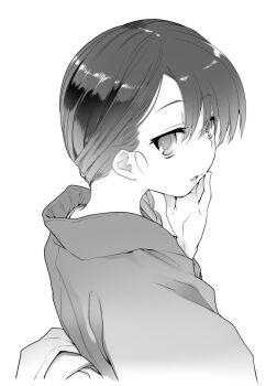 Rule 34 | 1girl, braid, commentary request, from side, greyscale, hair between eyes, hand on own cheek, hand on own face, hand up, japanese clothes, jitome, kimono, lips, long hair, long sleeves, looking at viewer, midori no ruupe, monochrome, nape, obi, open hand, open mouth, original, parted lips, sash, simple background, sketch, solo, upper body, yukata