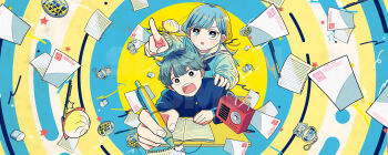 Rule 34 | 1boy, 1girl, :o, badge, book, button badge, charm (object), food, fukumori mimei, gakuran, hand on another's shoulder, highres, mizuo kurage, official art, open book, paper, pen, pointing, radio, school uniform, short hair, someone hertz, steamed bun, writing, yamano ei