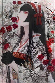 1girl black_butterfly black_gloves black_hair blood blunt_bangs bonnet braid bug butterfly commentary eyelashes fangs floral_print flower frills genjiguruma gloves gothic_lolita hair_rings half_gloves highres hime_cut insect interlocked_fingers japanese_clothes kikkoumon kikumon kimono lace lace-trimmed_gloves lace_trim licking lolita_fashion long_hair long_sleeves mole mole_under_eye obi open_mouth original own_hands_together pale_skin petals photo_inset plant red_eyes red_flower red_lips red_ribbon red_rose ribbon rose sash satsuki_kei sidelocks solo straight_hair symbol-only_commentary tongue tongue_out unmoving_pattern upper_body vampire vines wide_sleeves